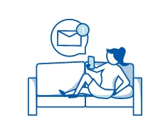 Comic Frau liegt mit Handy auf dem Sofa und erhält eine Nachricht