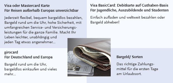 Reisezahlungsmittel - Infografik: Übersicht über Visa oder Mastercard Karte, Visa BasicCard: Debitkarte auf Guthaben-Basis, girocard und Bargeld/Sorten